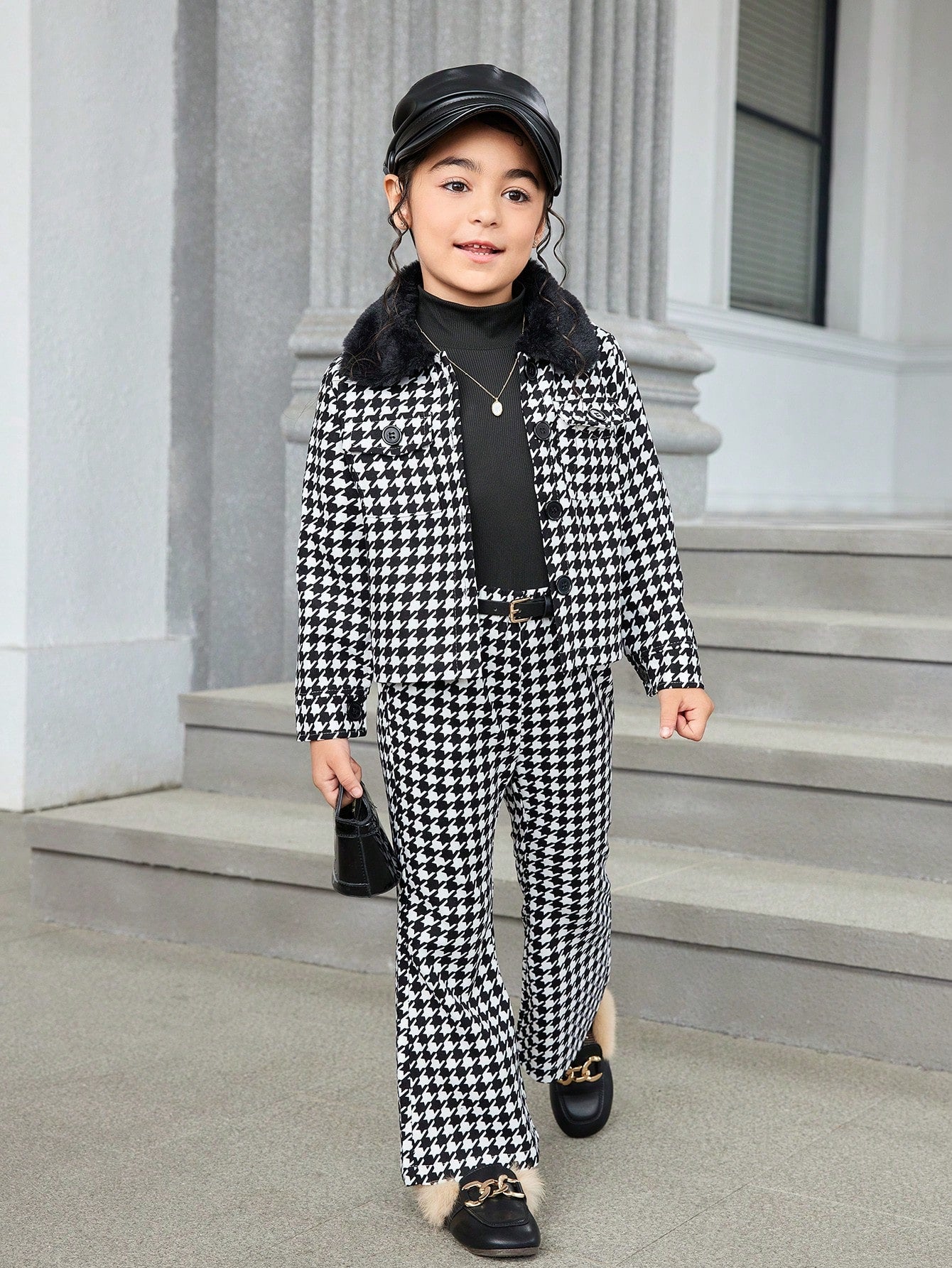 Elegantes Set für Kleinkinder Mädchen mit Hahnentrittmuster-Jacke und ausgestellter Hose für Herbst und Winter