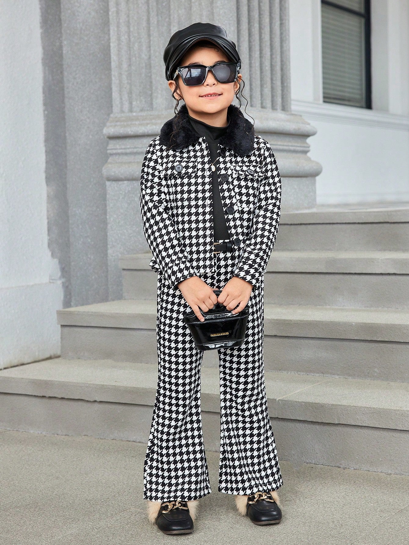 Elegantes Set für Kleinkinder Mädchen mit Hahnentrittmuster-Jacke und ausgestellter Hose für Herbst und Winter