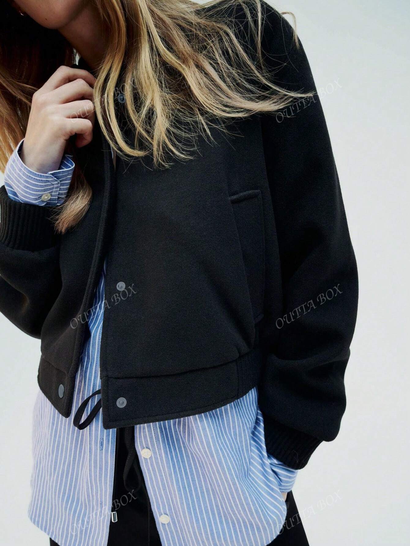 Women's Casual Baseball Jacket with Embroidery Detail, Stand Collar, and Tweed Letter - Black (Fall/Winter)