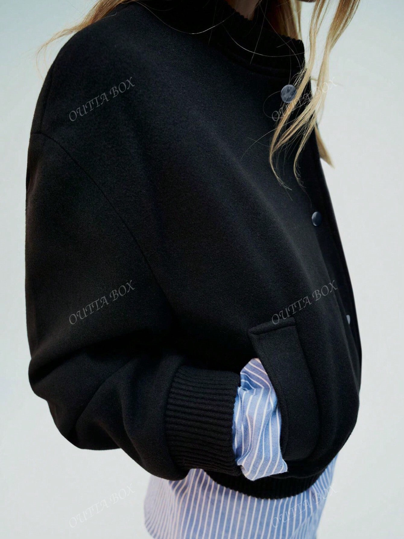 Women's Casual Baseball Jacket with Embroidery Detail, Stand Collar, and Tweed Letter - Black (Fall/Winter)