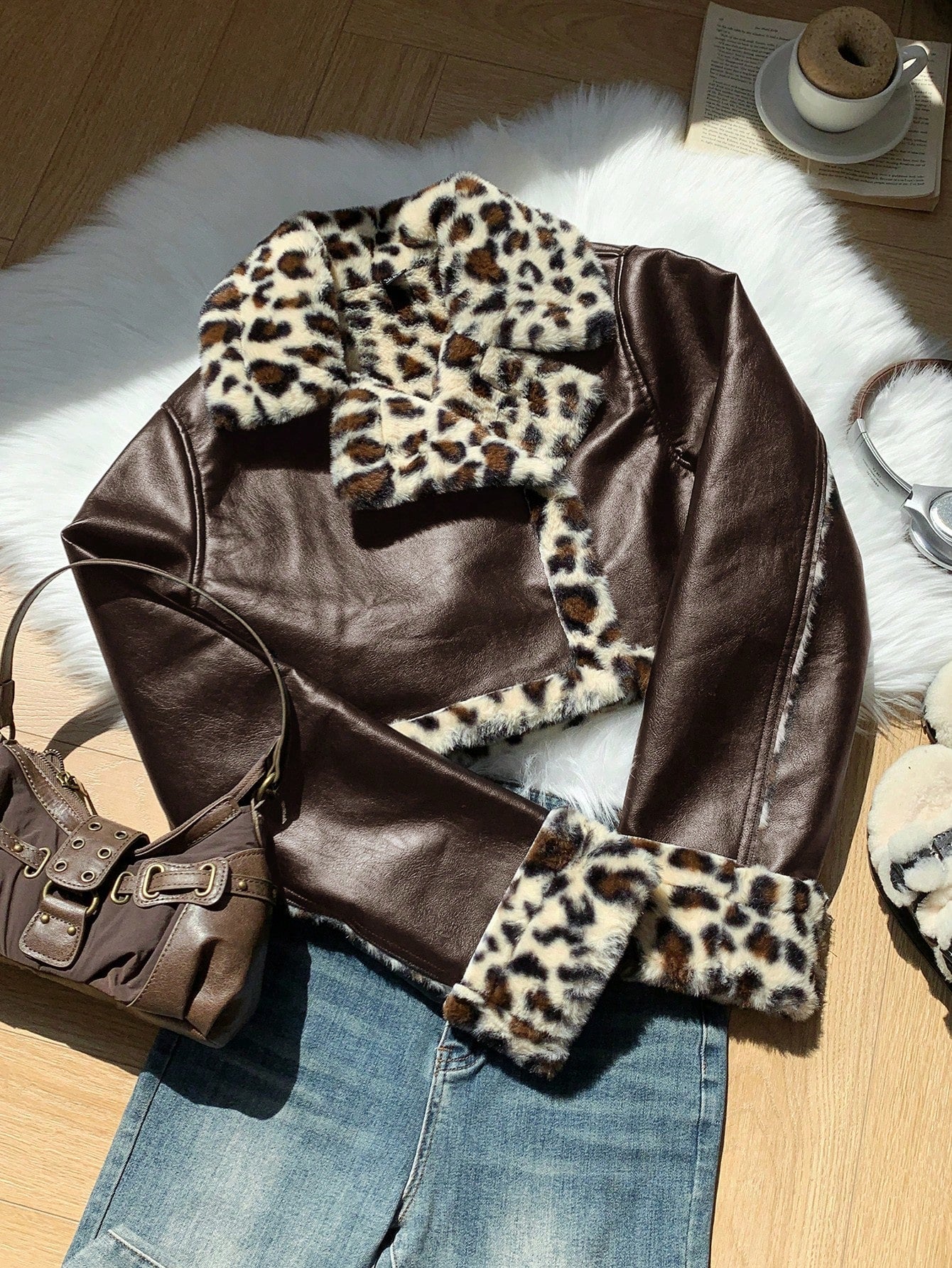 Damen Teddy gefütterte PU-Lederärmel Crop Jacke mit Taschen und Reißverschluss